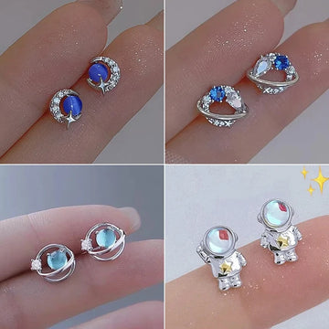 Fashion Blue Crystal Planet Astronaut Stud Earrings Set for Women Exquisite Sweet Zircon Earrings Party Jewelry Gifts