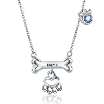 Xiaojing925 Sterling Silver Custom Dog Bone Paw Pendant Necklace Engraved Name and Birthstone Fashion Jewelry for Gift Free Ship