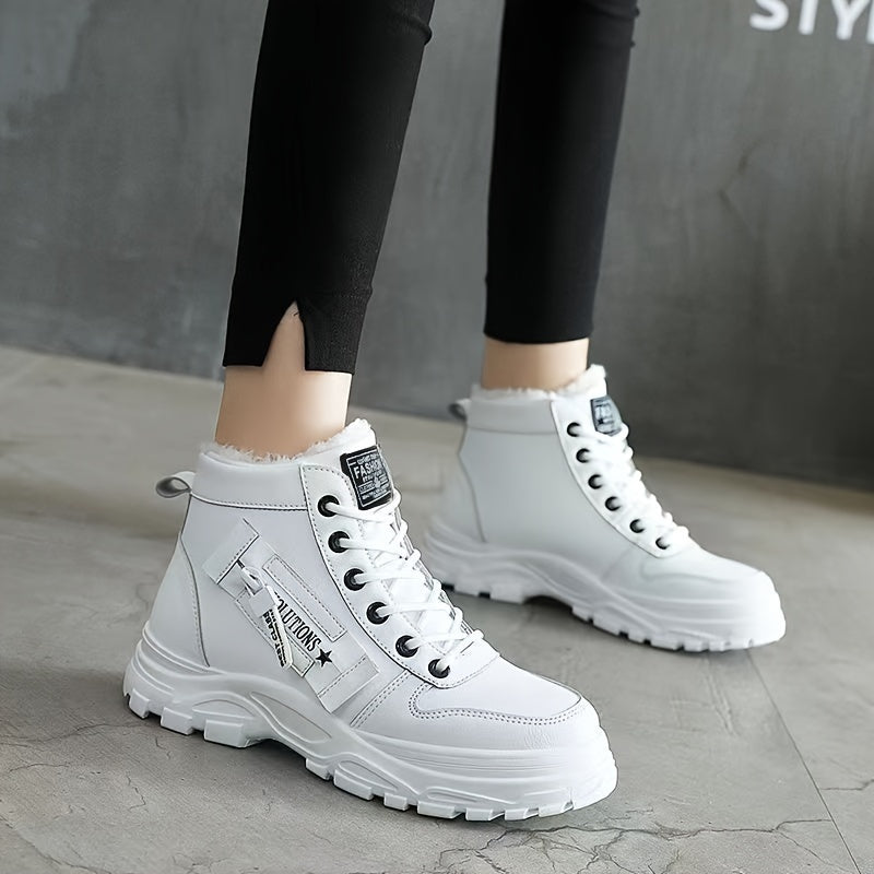 Warm Fleece-Lined Women's Winter High-Top Boots - Thick Rubber Sole, Lace-Up Casual Style, White & Beige, Perfect for Cold Weather Comfort