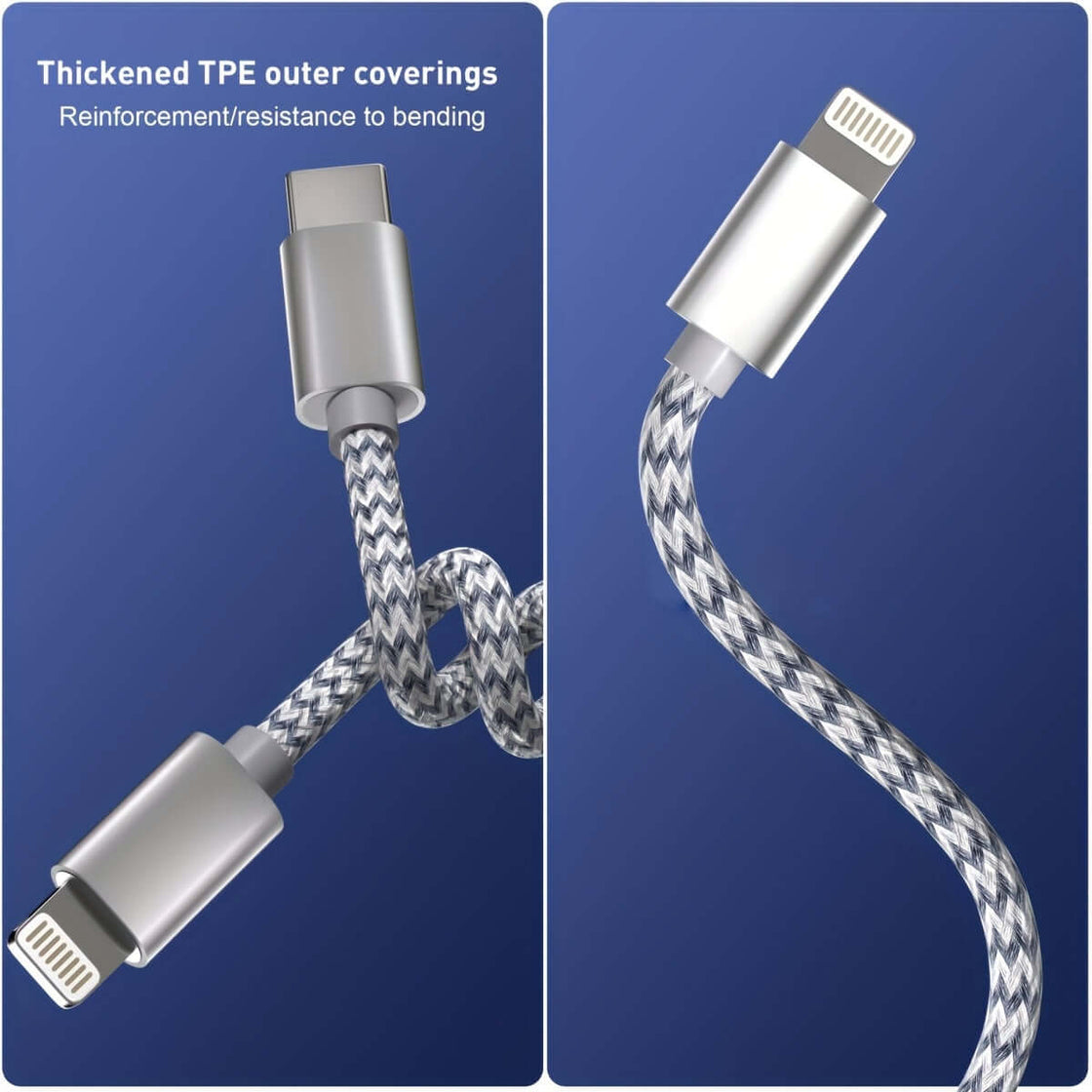 USB-C to Lightning Cable 1/2/3/4-Pack, 6ft Nylon Braided C-Type Fast Charging Cable for iPhone Charger close-up.