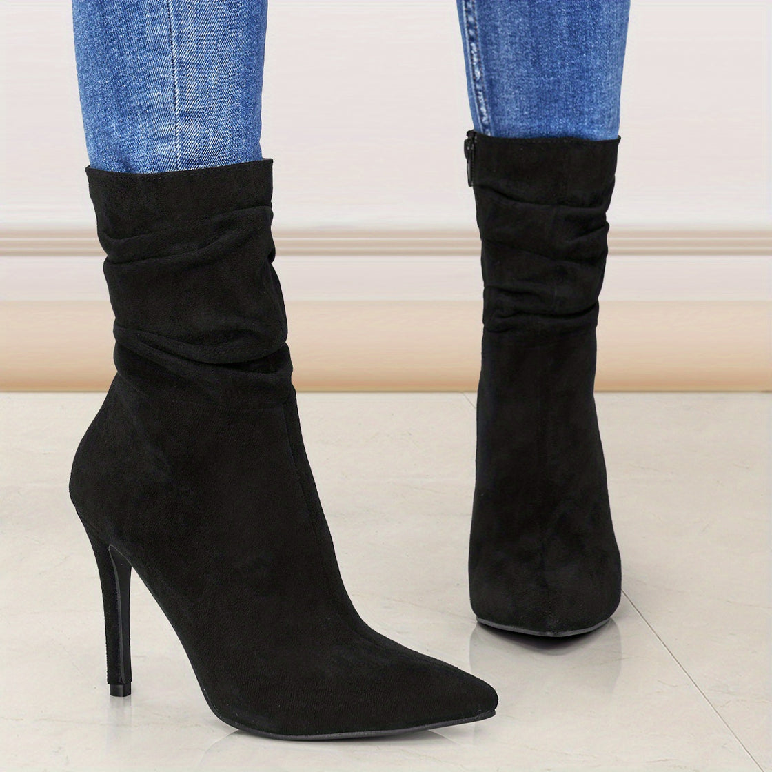 Women's Mid-Calf Boots, Plain Fashionable Boots with Zipper for Comfort and Casual Wear, Round Toe in the Middle of Calf