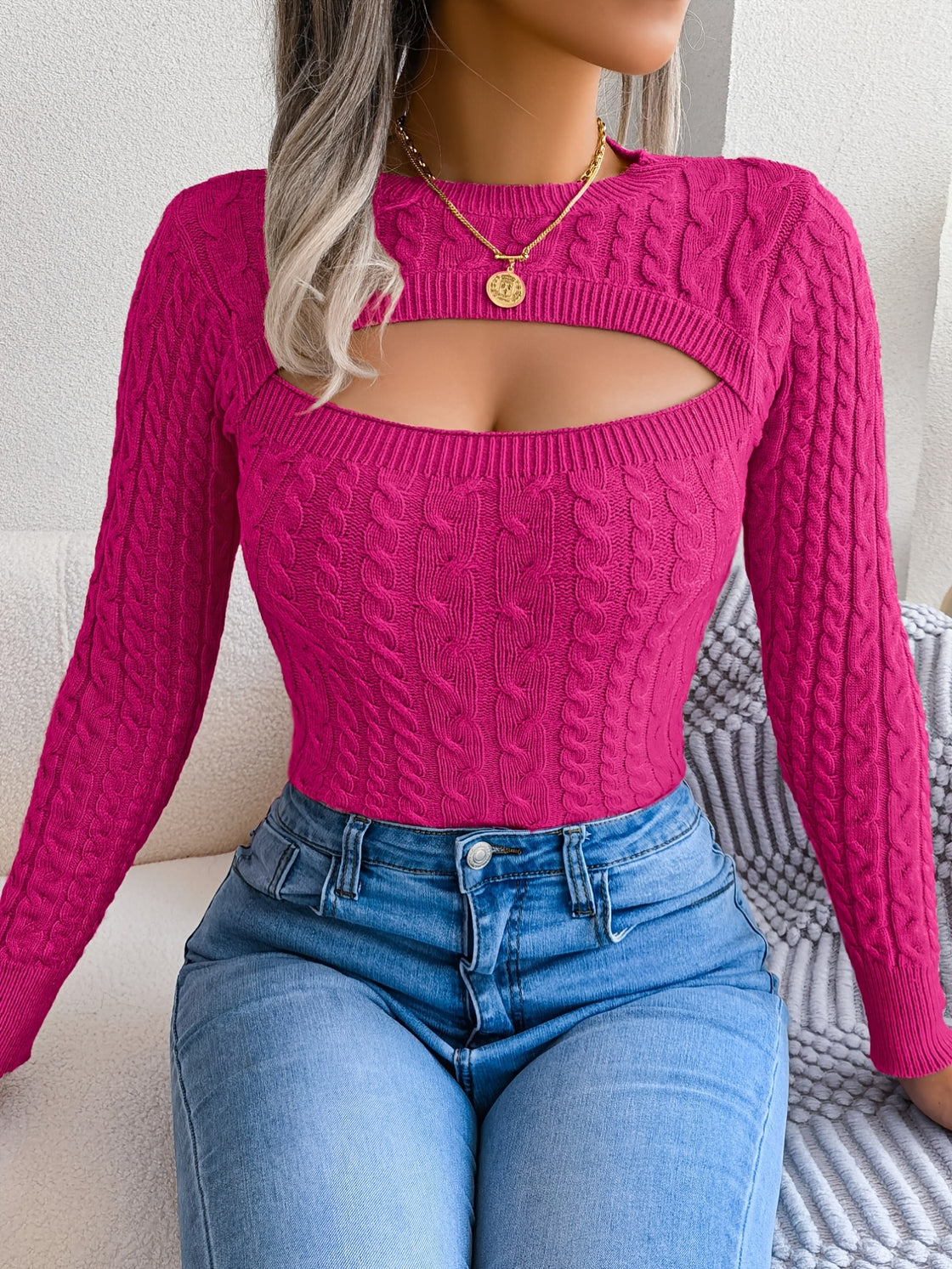 Long Sleeve High Stretch Acrylic Blend Women's Sexy Hollow-Out Knit Pullover Sweater, Skinny Fit, Solid Color, Spring/Fall Fashion Top, Crew Neck,