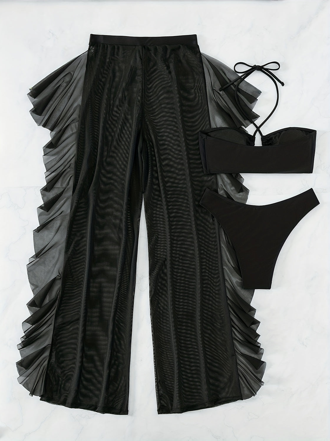 Black Ruched Mesh Crisscross Bikini Set