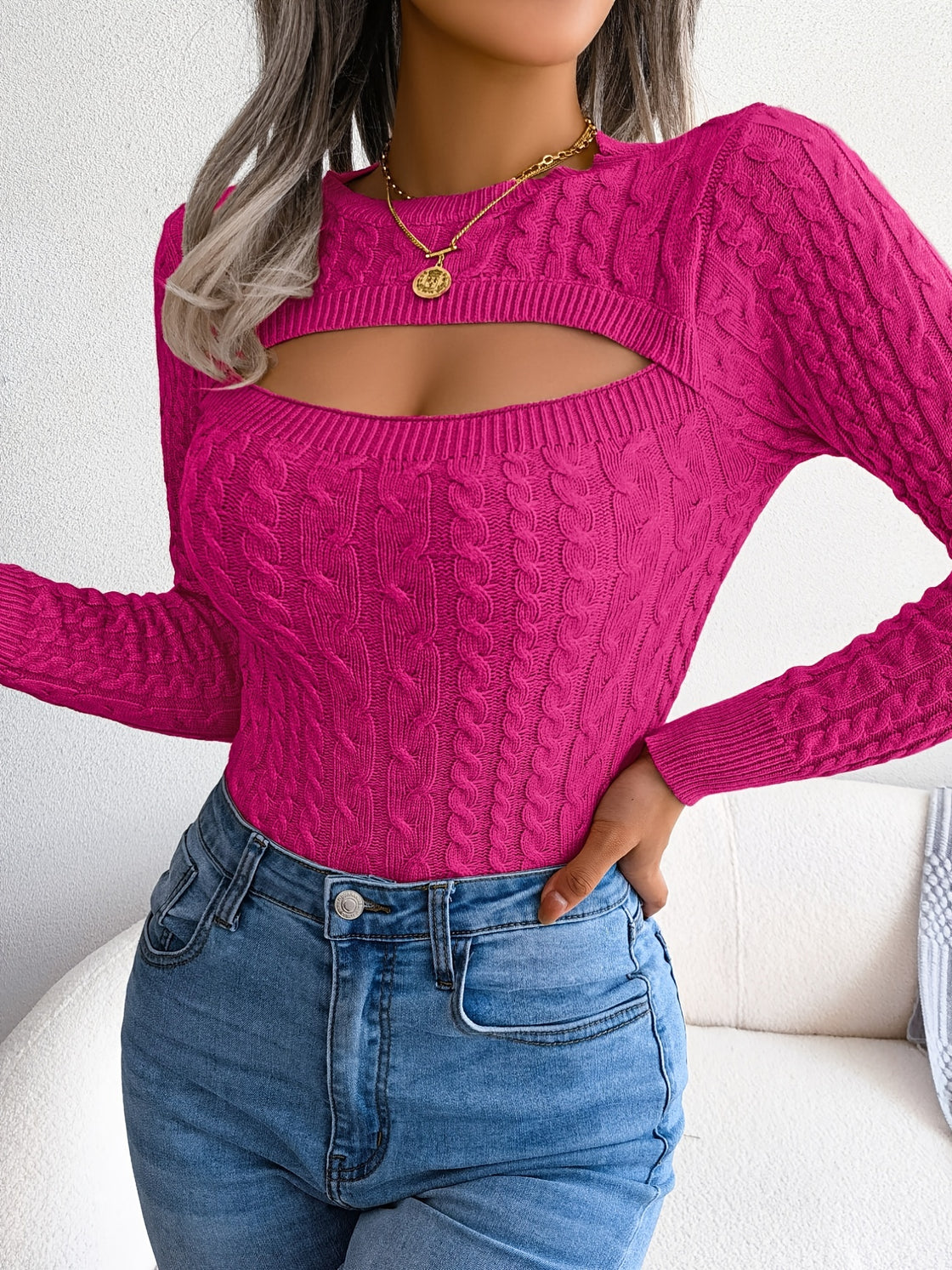 Long Sleeve High Stretch Acrylic Blend Women's Sexy Hollow-Out Knit Pullover Sweater, Skinny Fit, Solid Color, Spring/Fall Fashion Top, Crew Neck,