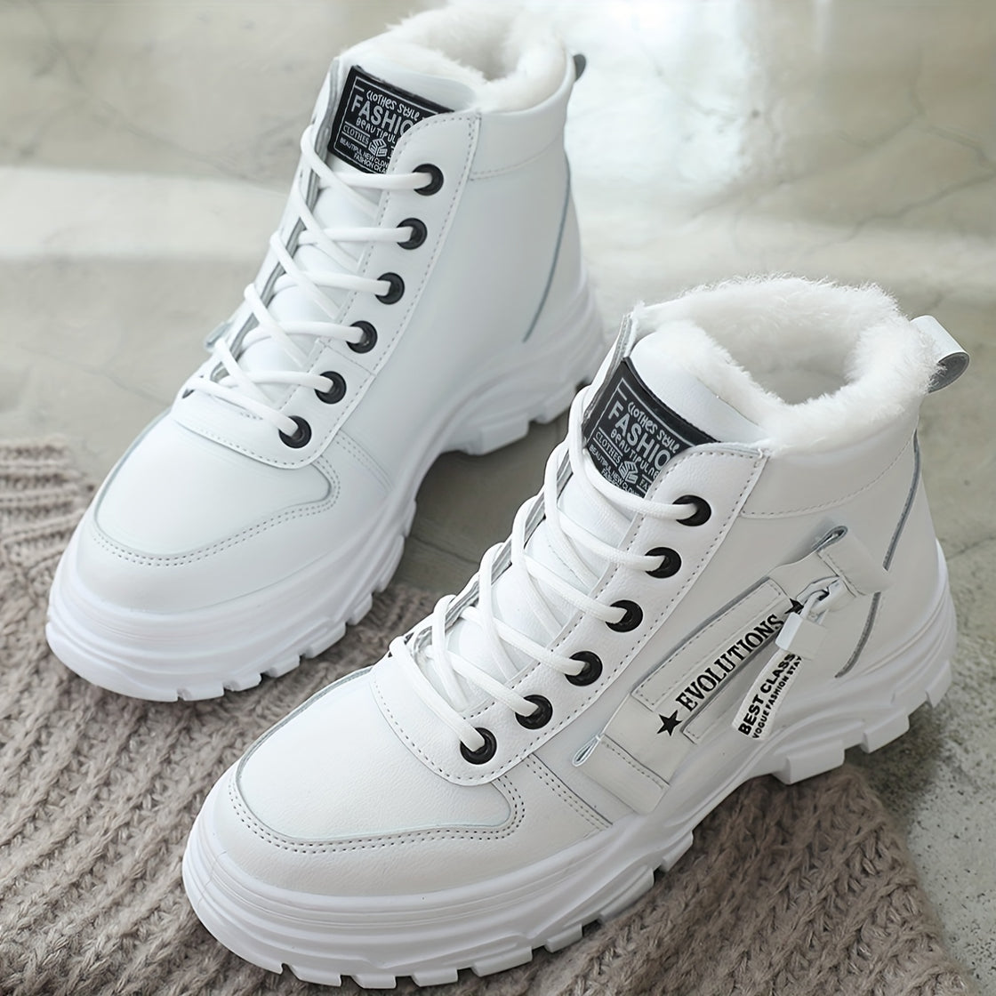 Warm Fleece-Lined Women's Winter High-Top Boots - Thick Rubber Sole, Lace-Up Casual Style, White & Beige, Perfect for Cold Weather Comfort