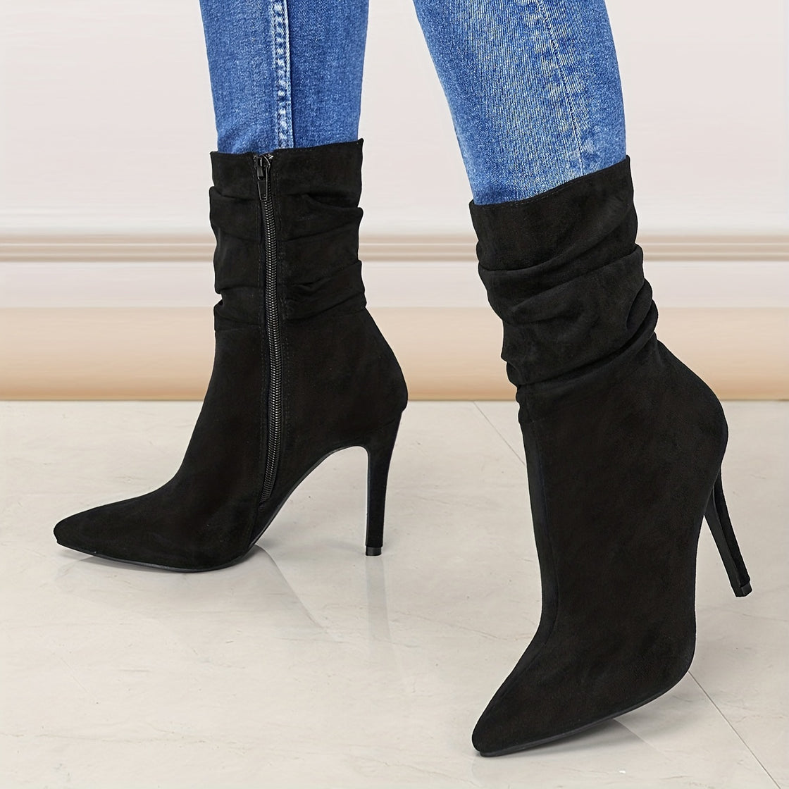 Women's Mid-Calf Boots, Plain Fashionable Boots with Zipper for Comfort and Casual Wear, Round Toe in the Middle of Calf