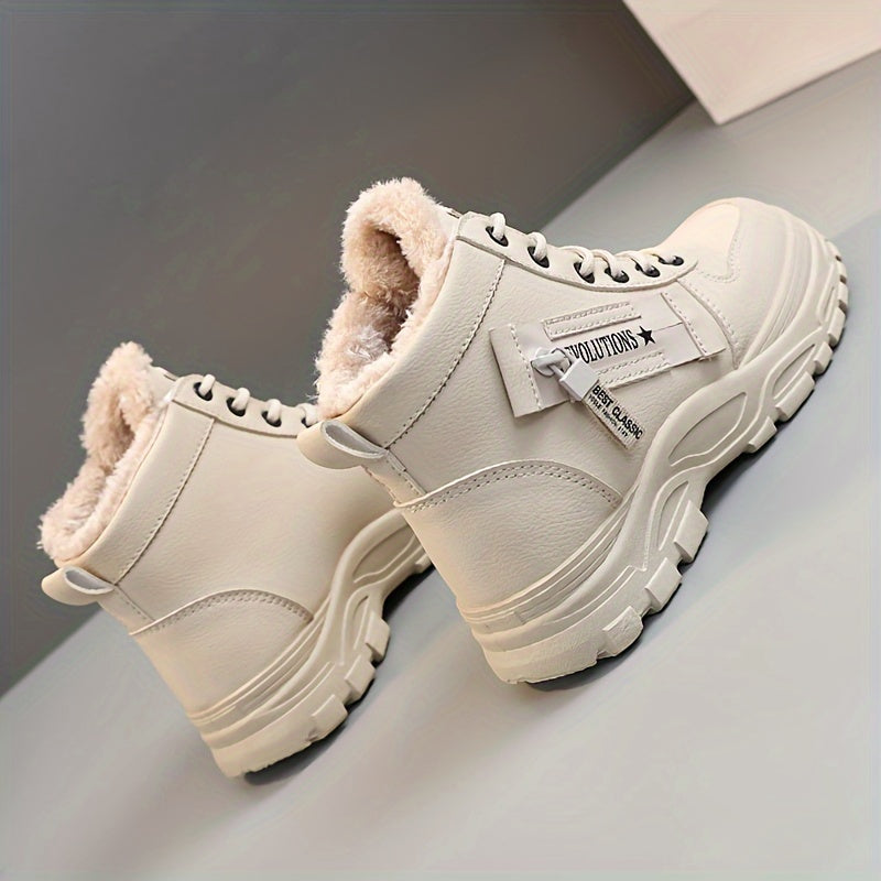 Warm Fleece-Lined Women's Winter High-Top Boots - Thick Rubber Sole, Lace-Up Casual Style, White & Beige, Perfect for Cold Weather Comfort