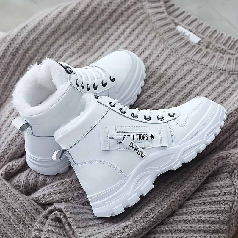 Warm Fleece-Lined Women's Winter High-Top Boots - Thick Rubber Sole, Lace-Up Casual Style, White & Beige, Perfect for Cold Weather Comfort