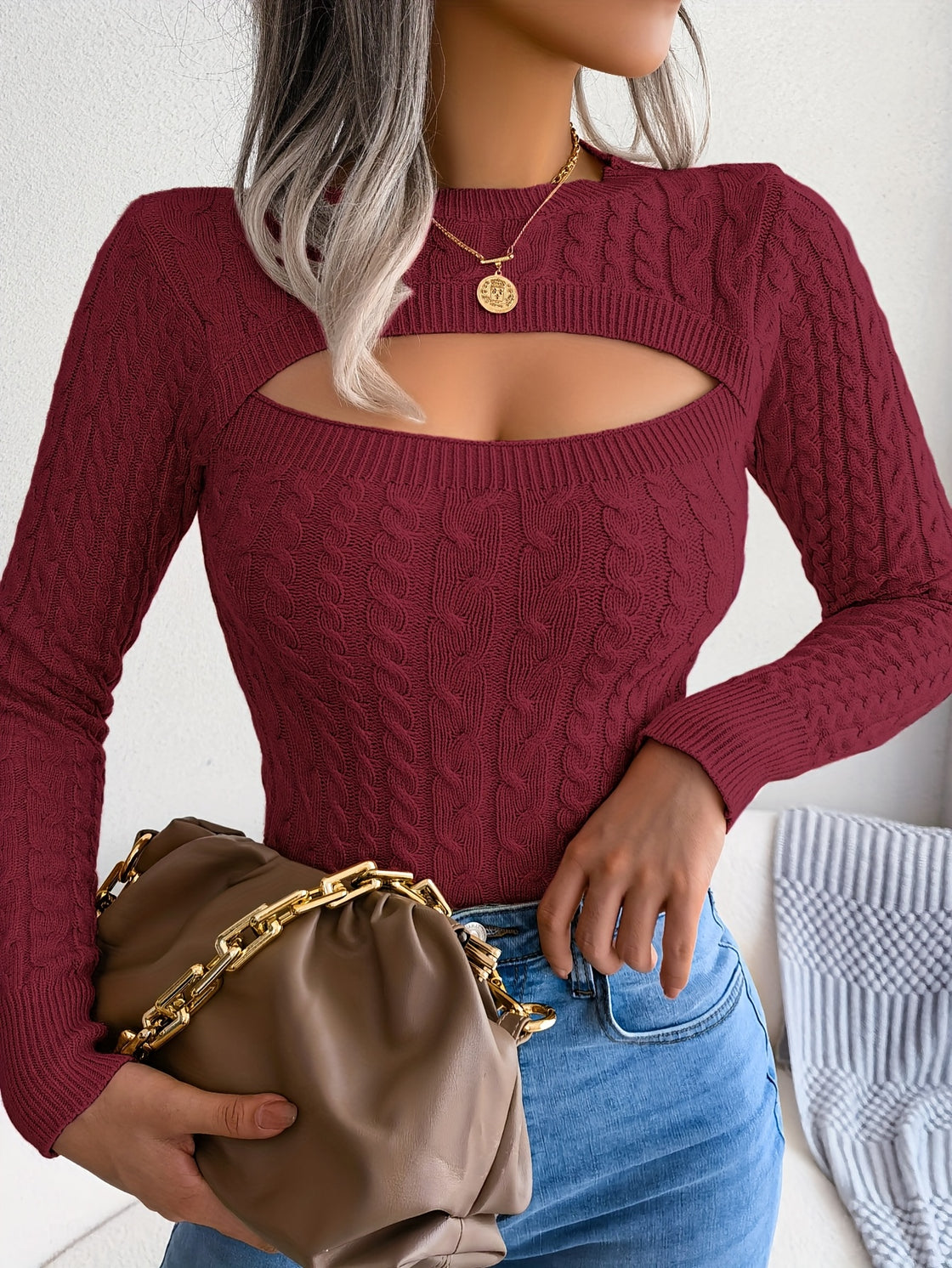 Long Sleeve High Stretch Acrylic Blend Women's Sexy Hollow-Out Knit Pullover Sweater, Skinny Fit, Solid Color, Spring/Fall Fashion Top, Crew Neck,