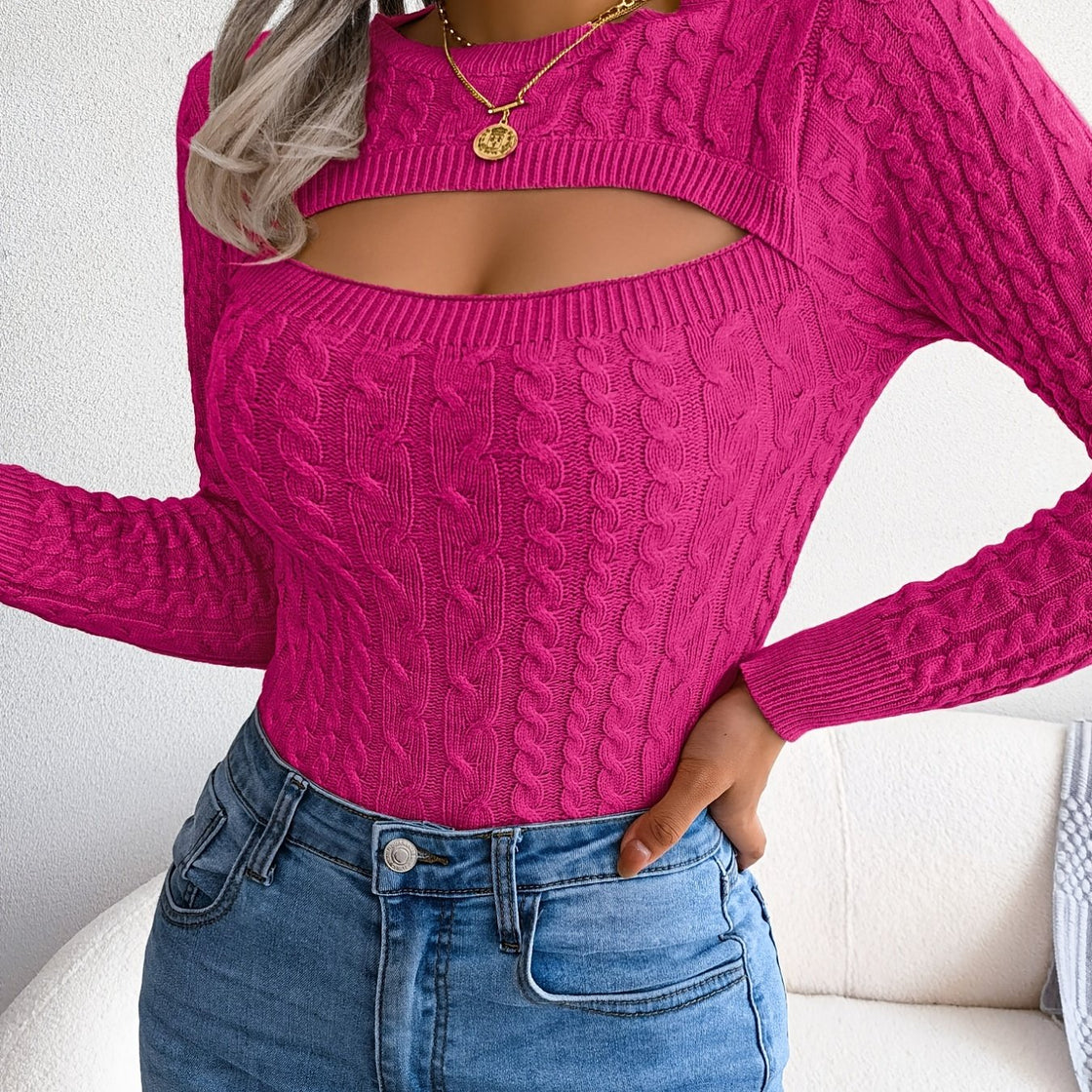 Long Sleeve High Stretch Acrylic Blend Women's Sexy Hollow-Out Knit Pullover Sweater, Skinny Fit, Solid Color, Spring/Fall Fashion Top, Crew Neck,