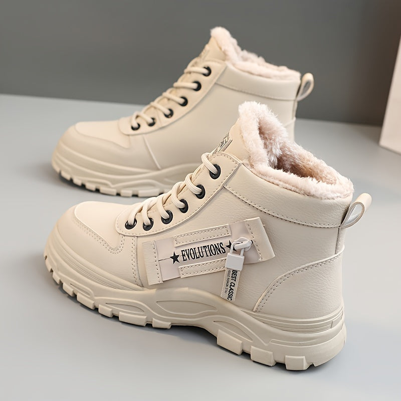 Warm Fleece-Lined Women's Winter High-Top Boots - Thick Rubber Sole, Lace-Up Casual Style, White & Beige, Perfect for Cold Weather Comfort