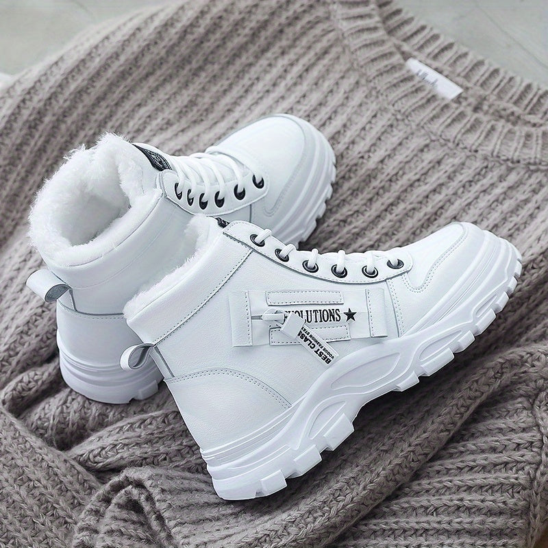 Warm Fleece-Lined Women's Winter High-Top Boots - Thick Rubber Sole, Lace-Up Casual Style, White & Beige, Perfect for Cold Weather Comfort