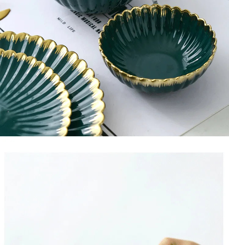 Luxury Vintage Dinner Plates with Gold Rim, Ceramic Oval Platter, Soup Bowl, Salad Bowl, Taste Plate, Green Crockery