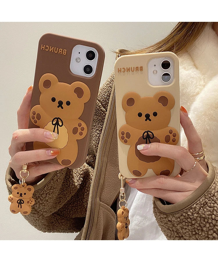 Cartoon Cute 3D Bear Doll Pendant High Quality Silicone Cover for Iphone 15 14 13 12 11Pro MAX XS XR 7 8plus SE2020 Phone Case