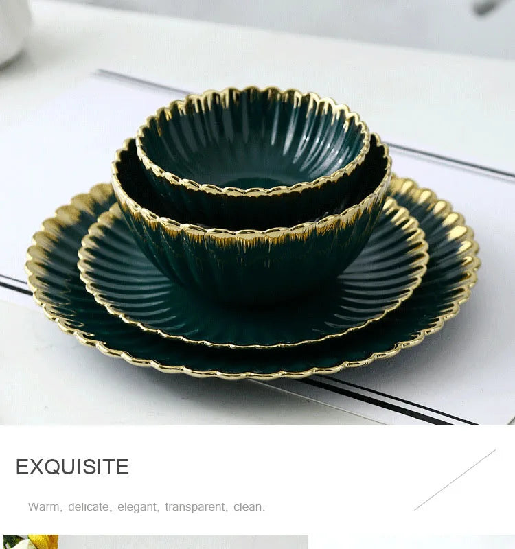 Luxury Vintage Dinner Plates with Gold Rim, Ceramic Oval Platter, Soup Bowl, Salad Bowl, Taste Plate, Green Crockery