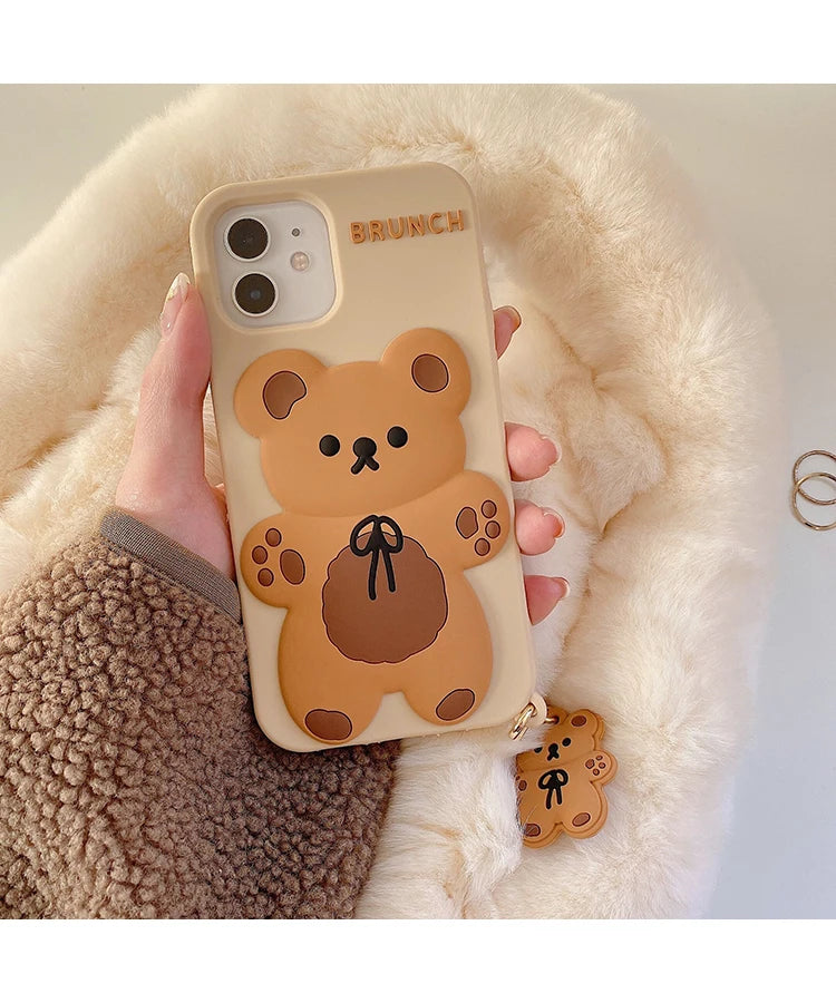Cartoon Cute 3D Bear Doll Pendant High Quality Silicone Cover for Iphone 15 14 13 12 11Pro MAX XS XR 7 8plus SE2020 Phone Case