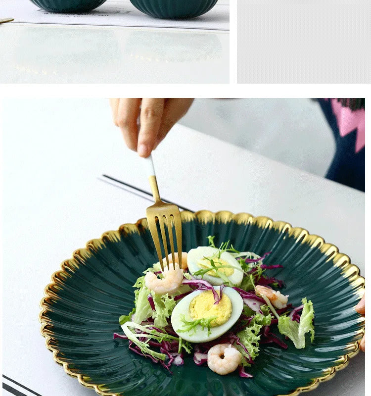 Luxury Vintage Dinner Plates with Gold Rim, Ceramic Oval Platter, Soup Bowl, Salad Bowl, Taste Plate, Green Crockery
