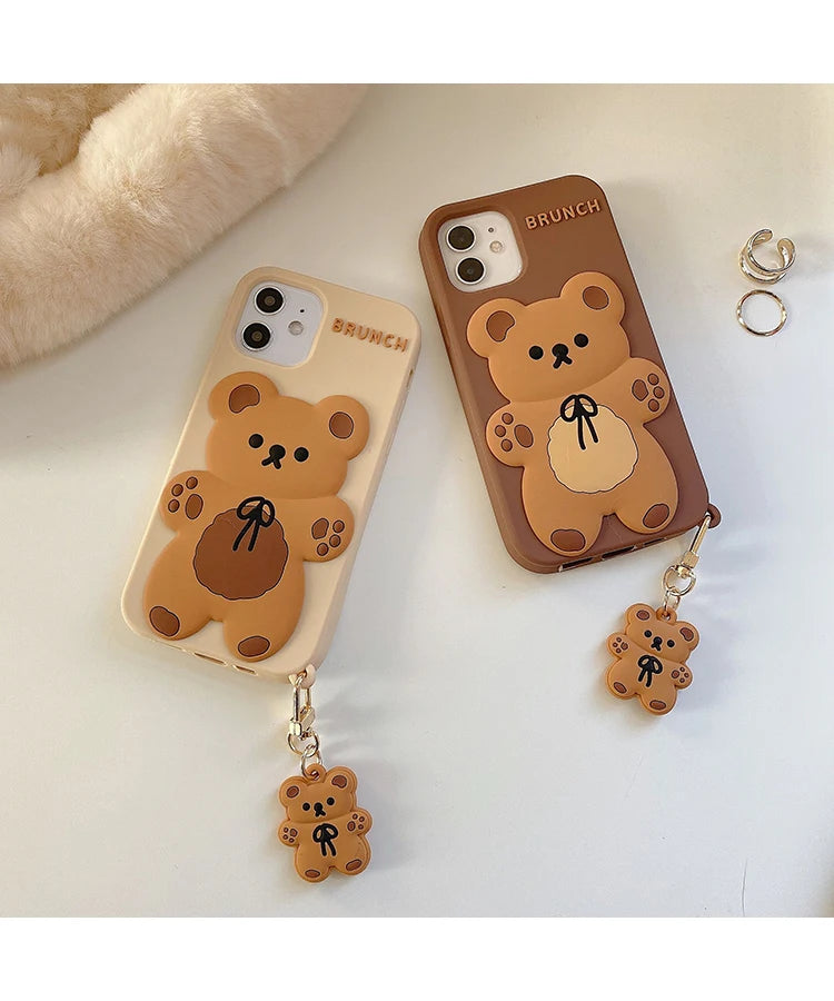 Cartoon Cute 3D Bear Doll Pendant High Quality Silicone Cover for Iphone 15 14 13 12 11Pro MAX XS XR 7 8plus SE2020 Phone Case
