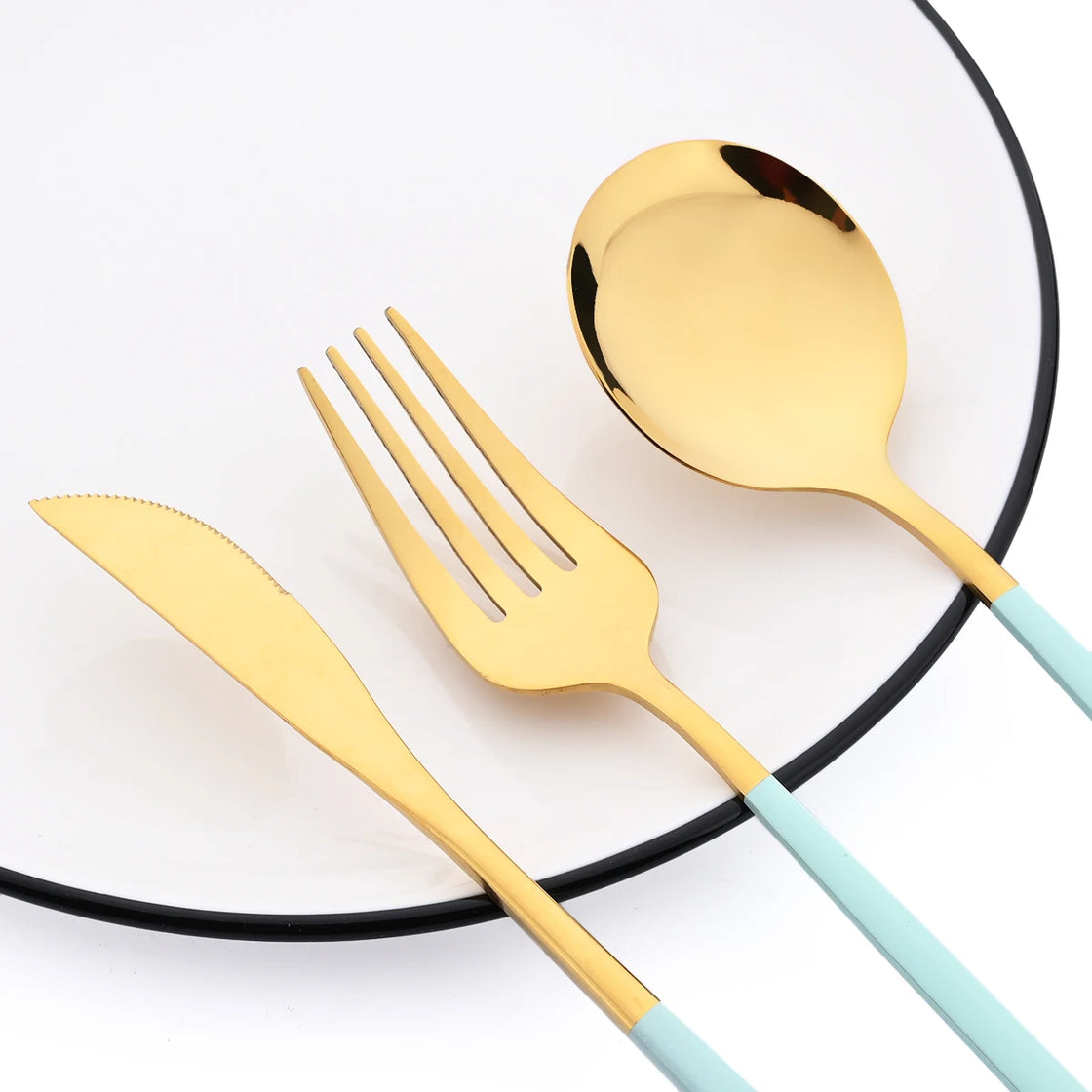 16Pcs Tableware Dinnerware Set Black Gold Cutlery Set Stainless Steel Fork Knife Teaspoon Dinner Silverware Kitchen Flatware Set