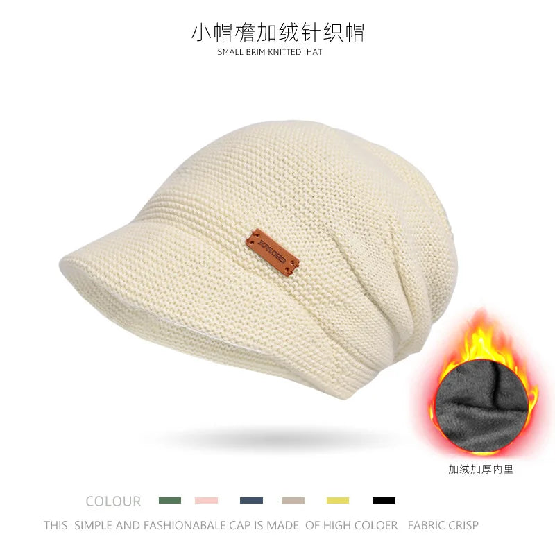 Women's Winter Outdoor Warm Pullover Hat Small Ear Protection Fashionable Beanies with Wide Brim Showing Face Plush Pile