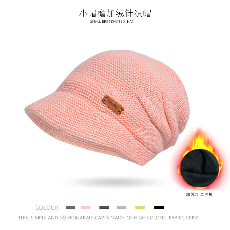 Women's Winter Outdoor Warm Pullover Hat Small Ear Protection Fashionable Beanies with Wide Brim Showing Face Plush Pile