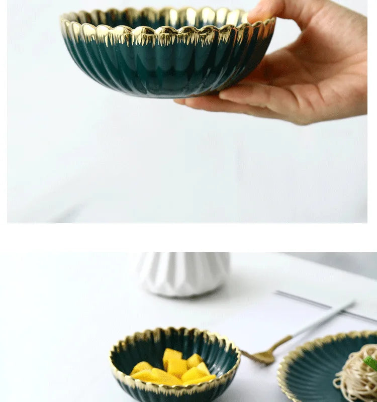 Luxury Vintage Dinner Plates with Gold Rim, Ceramic Oval Platter, Soup Bowl, Salad Bowl, Taste Plate, Green Crockery