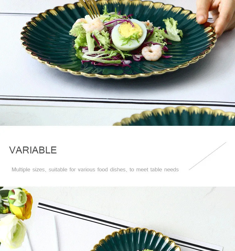 Luxury Vintage Dinner Plates with Gold Rim, Ceramic Oval Platter, Soup Bowl, Salad Bowl, Taste Plate, Green Crockery