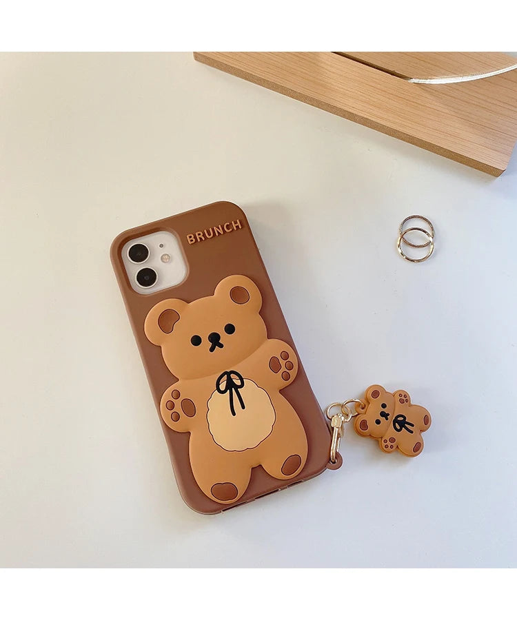 Cartoon Cute 3D Bear Doll Pendant High Quality Silicone Cover for Iphone 15 14 13 12 11Pro MAX XS XR 7 8plus SE2020 Phone Case