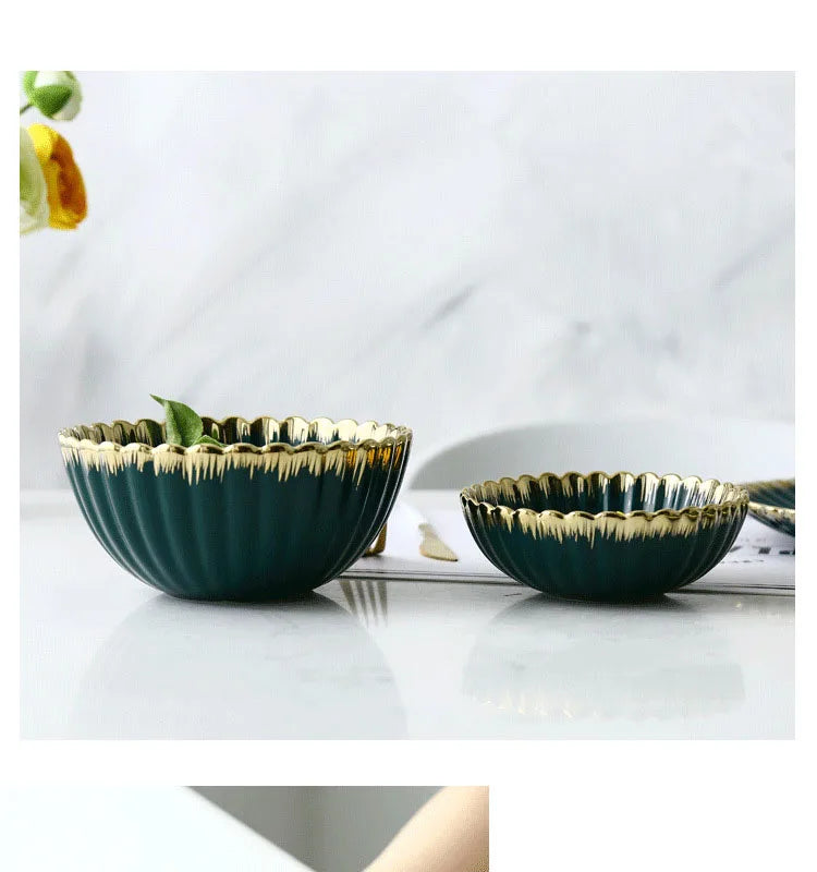 Luxury Vintage Dinner Plates with Gold Rim, Ceramic Oval Platter, Soup Bowl, Salad Bowl, Taste Plate, Green Crockery