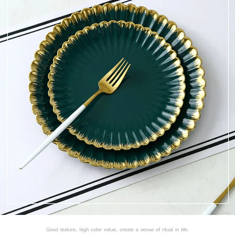 Luxury Vintage Dinner Plates with Gold Rim, Ceramic Oval Platter, Soup Bowl, Salad Bowl, Taste Plate, Green Crockery