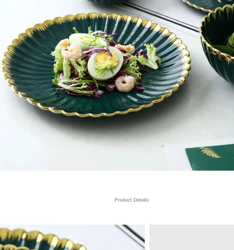 Luxury Vintage Dinner Plates with Gold Rim, Ceramic Oval Platter, Soup Bowl, Salad Bowl, Taste Plate, Green Crockery