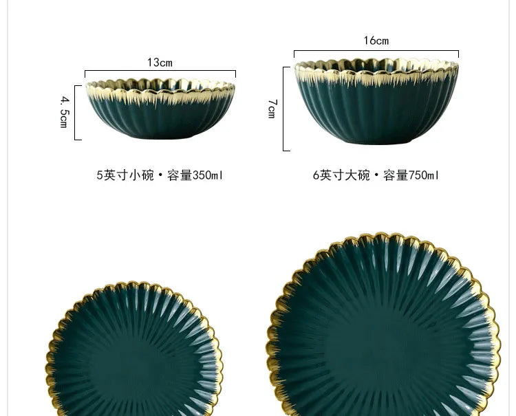 Luxury Vintage Dinner Plates with Gold Rim, Ceramic Oval Platter, Soup Bowl, Salad Bowl, Taste Plate, Green Crockery