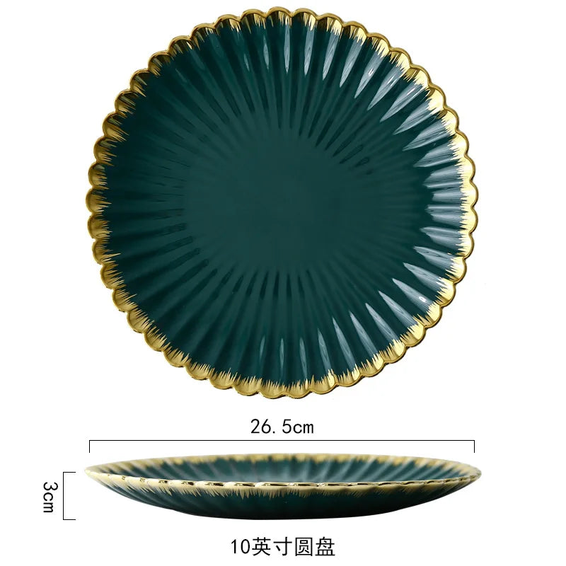 Luxury Vintage Dinner Plates with Gold Rim, Ceramic Oval Platter, Soup Bowl, Salad Bowl, Taste Plate, Green Crockery