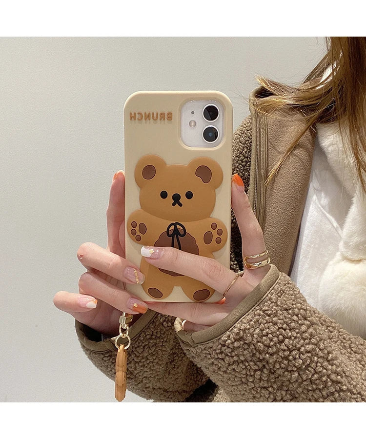 Cartoon Cute 3D Bear Doll Pendant High Quality Silicone Cover for Iphone 15 14 13 12 11Pro MAX XS XR 7 8plus SE2020 Phone Case