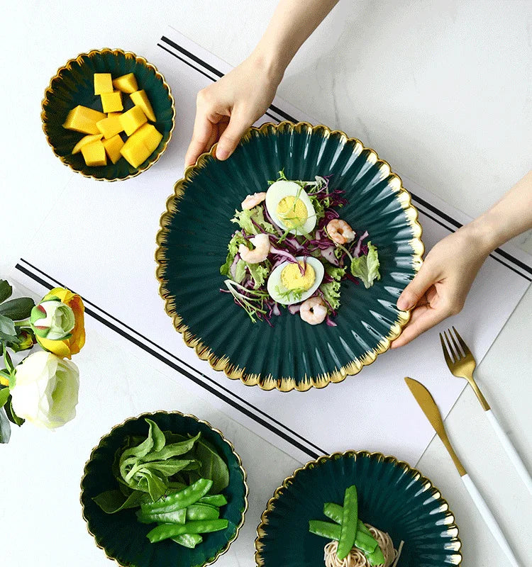 Luxury Vintage Dinner Plates with Gold Rim, Ceramic Oval Platter, Soup Bowl, Salad Bowl, Taste Plate, Green Crockery