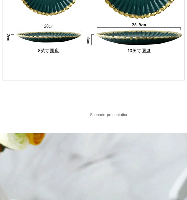 Luxury Vintage Dinner Plates with Gold Rim, Ceramic Oval Platter, Soup Bowl, Salad Bowl, Taste Plate, Green Crockery