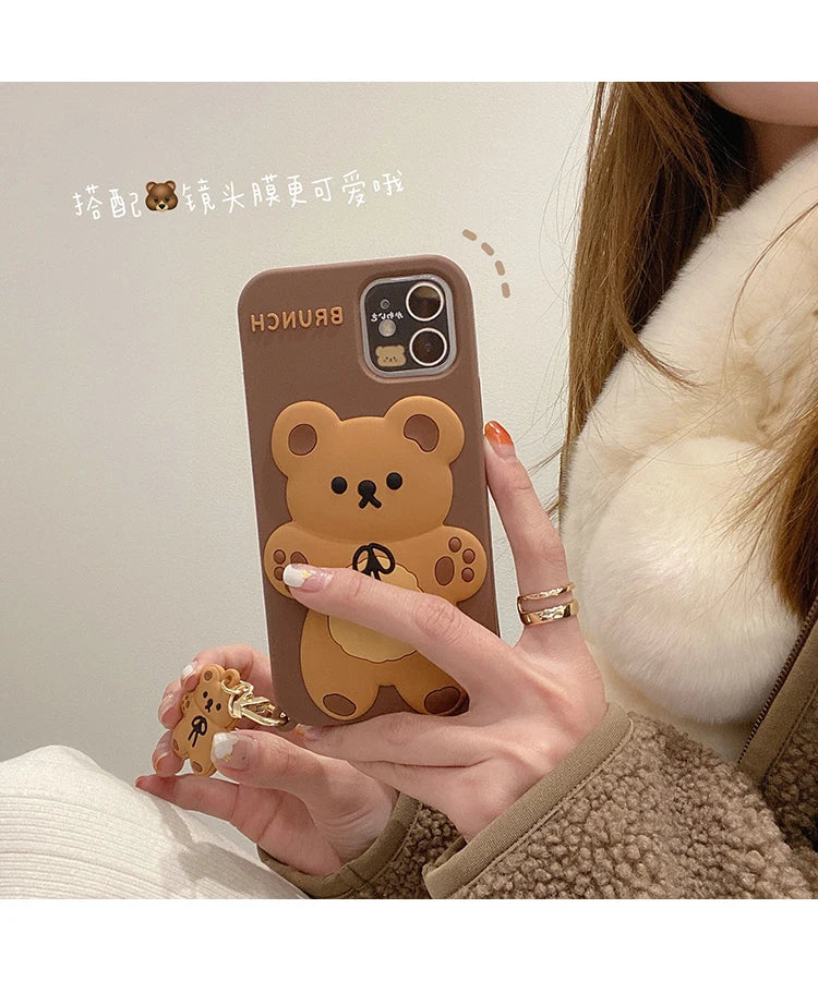 Cartoon Cute 3D Bear Doll Pendant High Quality Silicone Cover for Iphone 15 14 13 12 11Pro MAX XS XR 7 8plus SE2020 Phone Case