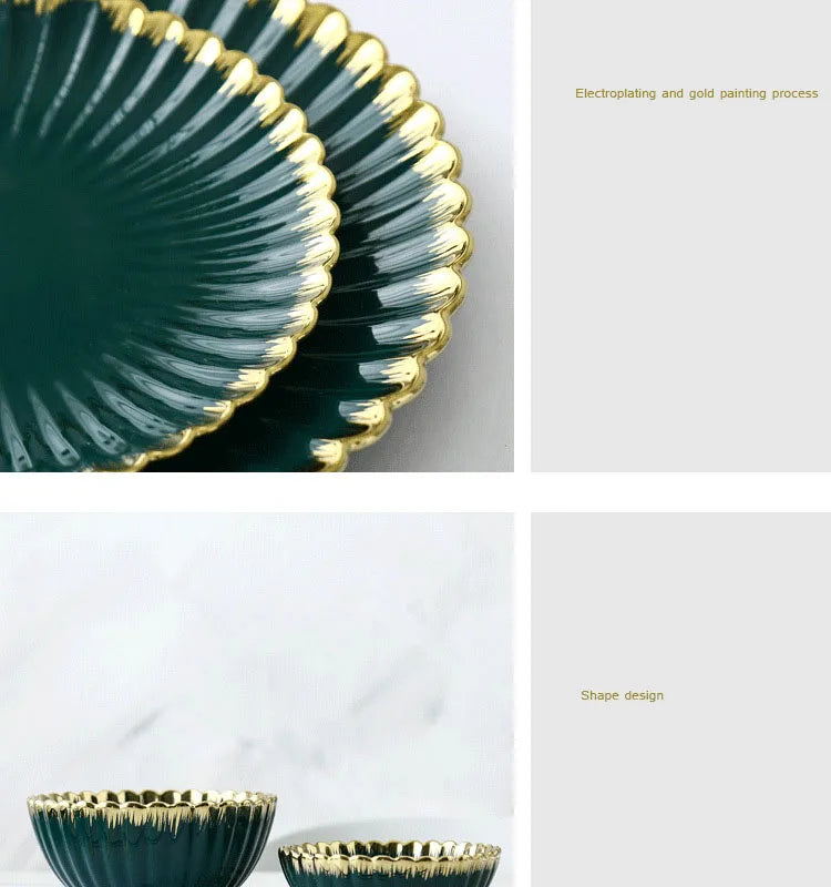Luxury Vintage Dinner Plates with Gold Rim, Ceramic Oval Platter, Soup Bowl, Salad Bowl, Taste Plate, Green Crockery
