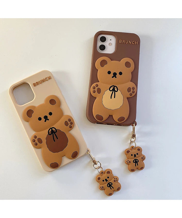 Cartoon Cute 3D Bear Doll Pendant High Quality Silicone Cover for Iphone 15 14 13 12 11Pro MAX XS XR 7 8plus SE2020 Phone Case