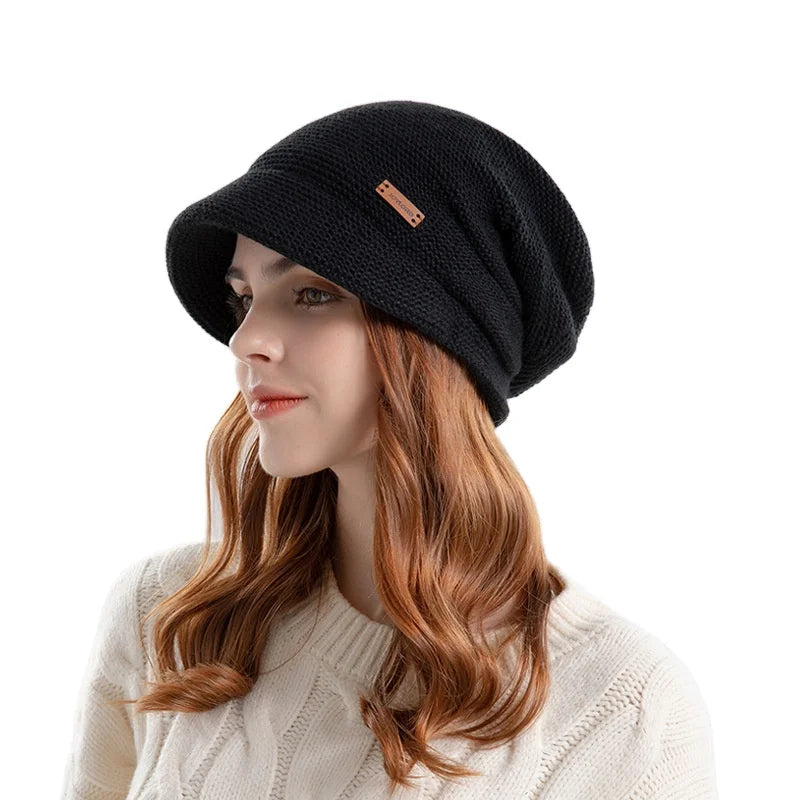 Women's Winter Outdoor Warm Pullover Hat Small Ear Protection Fashionable Beanies with Wide Brim Showing Face Plush Pile