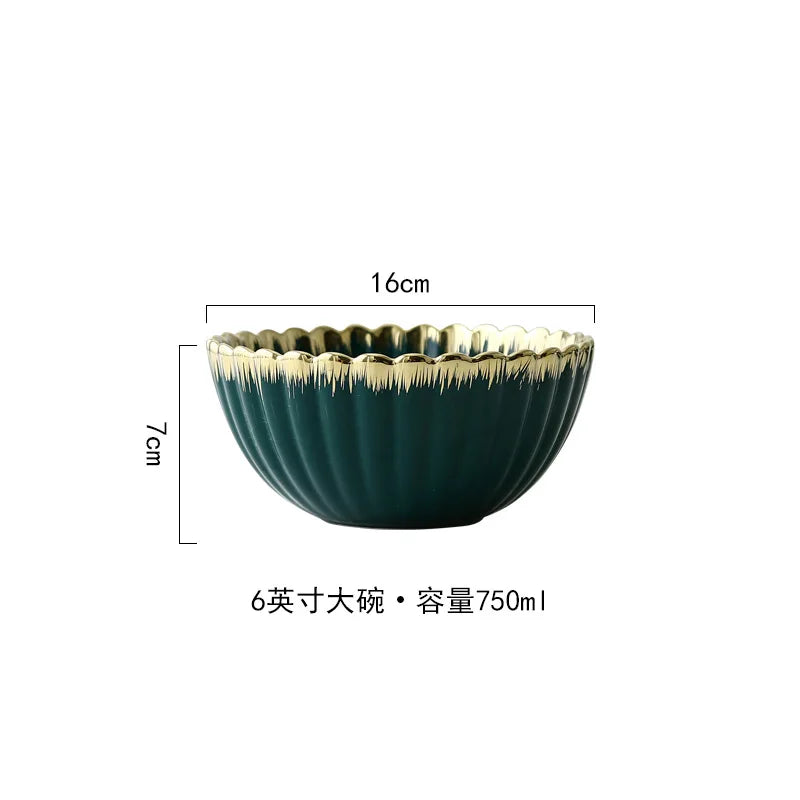 Luxury Vintage Dinner Plates with Gold Rim, Ceramic Oval Platter, Soup Bowl, Salad Bowl, Taste Plate, Green Crockery