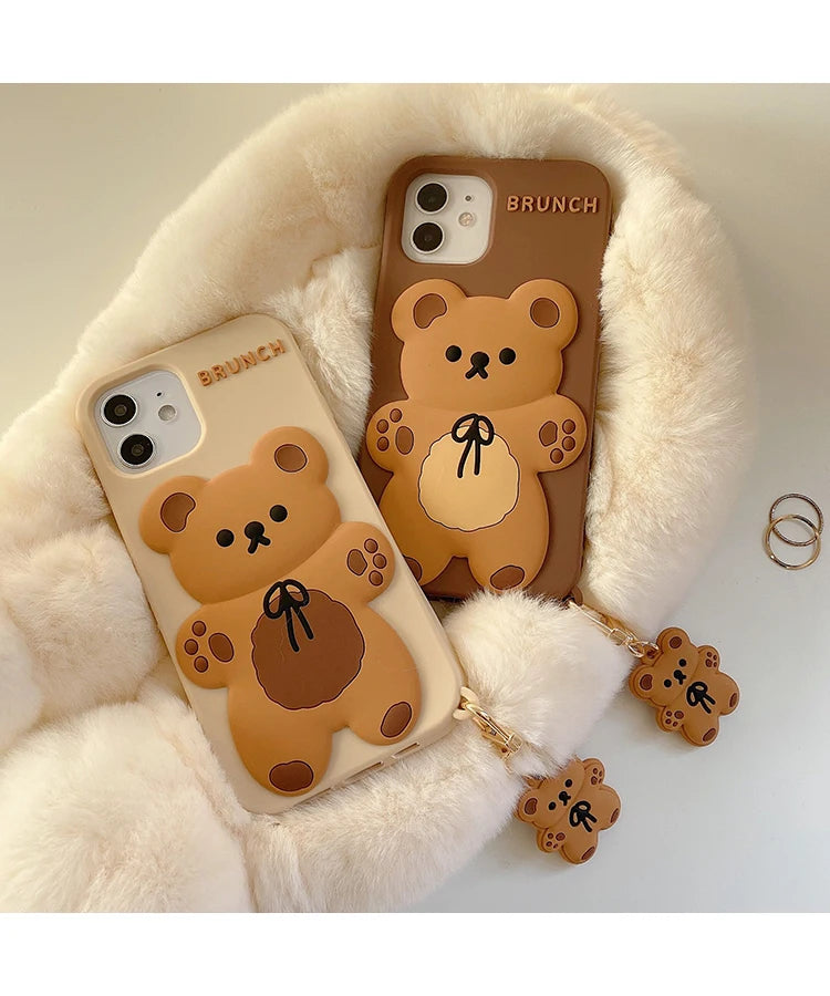 Cartoon Cute 3D Bear Doll Pendant High Quality Silicone Cover for Iphone 15 14 13 12 11Pro MAX XS XR 7 8plus SE2020 Phone Case
