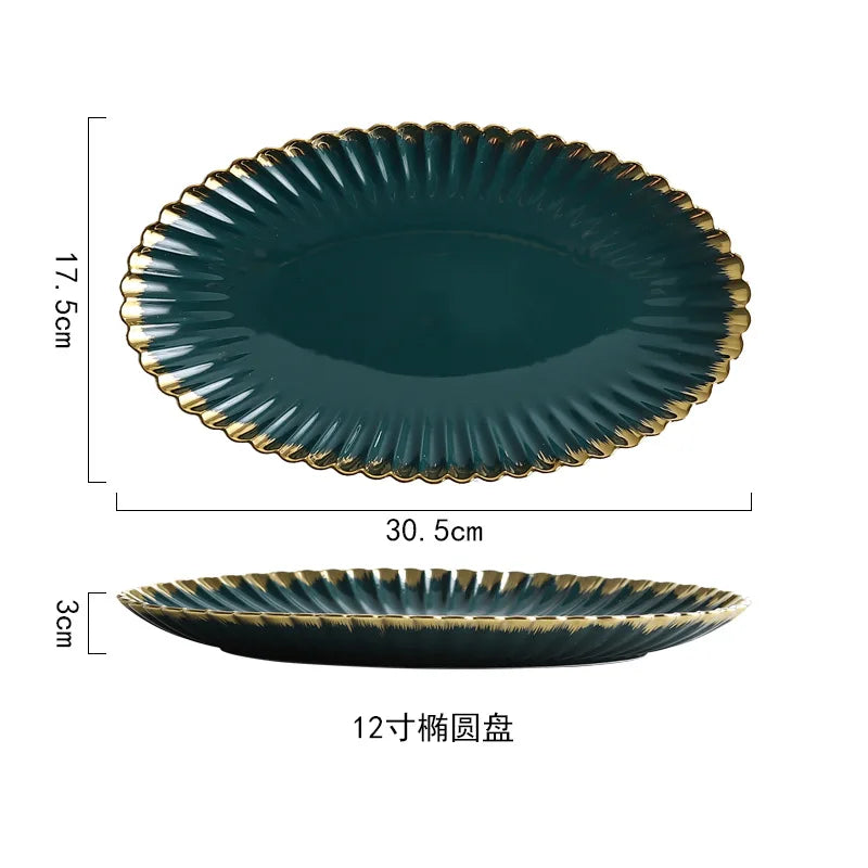 Luxury Vintage Dinner Plates with Gold Rim, Ceramic Oval Platter, Soup Bowl, Salad Bowl, Taste Plate, Green Crockery