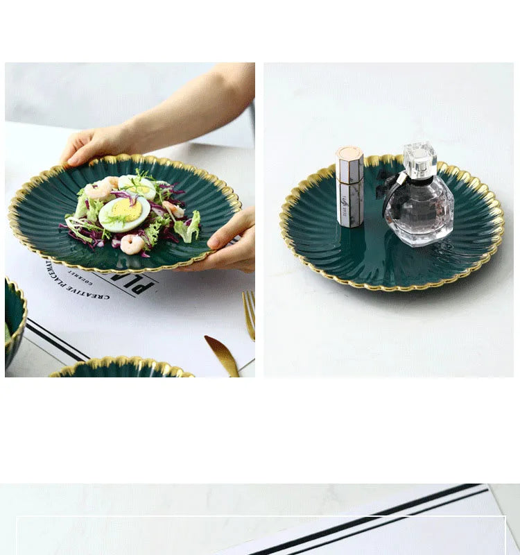 Luxury Vintage Dinner Plates with Gold Rim, Ceramic Oval Platter, Soup Bowl, Salad Bowl, Taste Plate, Green Crockery