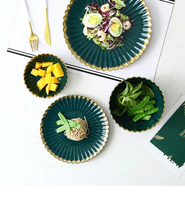 Luxury Vintage Dinner Plates with Gold Rim, Ceramic Oval Platter, Soup Bowl, Salad Bowl, Taste Plate, Green Crockery