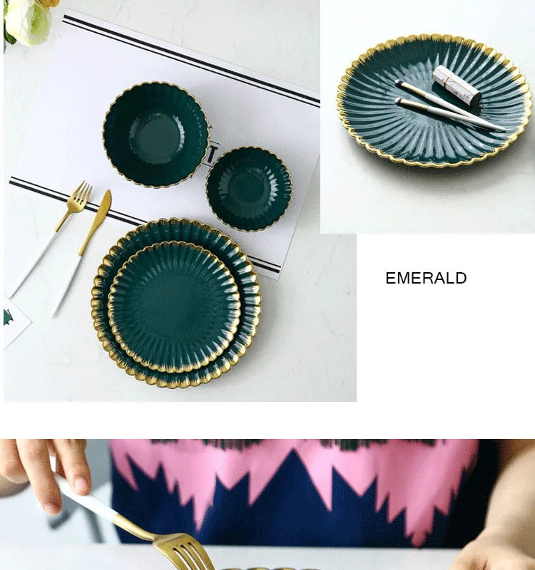 Luxury Vintage Dinner Plates with Gold Rim, Ceramic Oval Platter, Soup Bowl, Salad Bowl, Taste Plate, Green Crockery