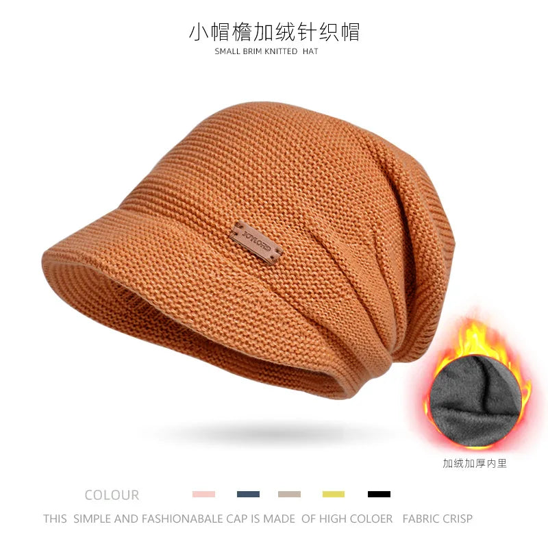 Women's Winter Outdoor Warm Pullover Hat Small Ear Protection Fashionable Beanies with Wide Brim Showing Face Plush Pile