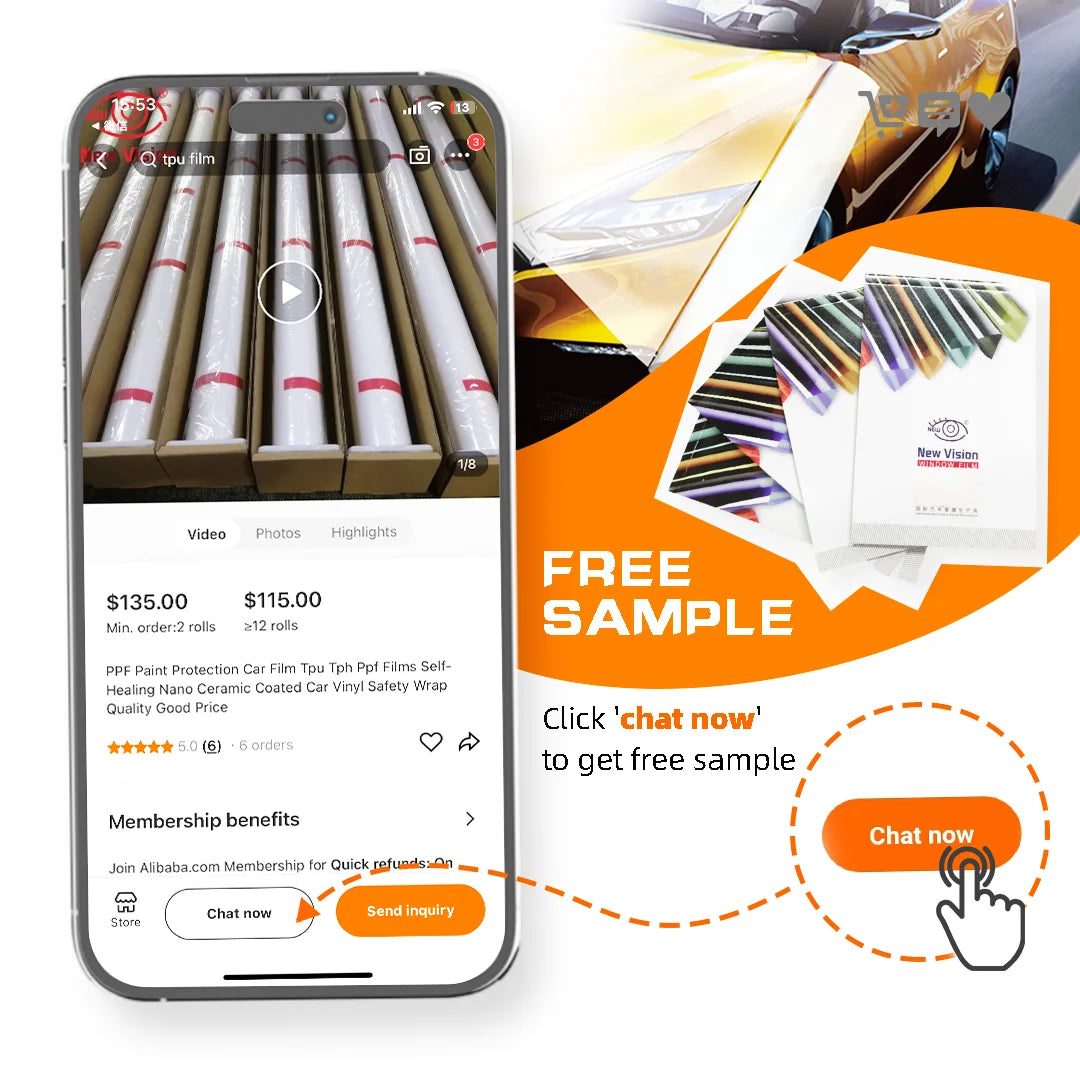 Mobile display of the 1.52*15m Glossy 8.5mil TPU PPF Paint Protection Film by Orbit Gear, highlighting free sample offers and essential info about auto body protective film.