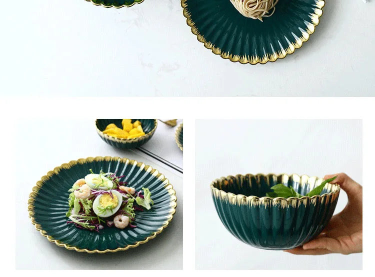 Luxury Vintage Dinner Plates with Gold Rim, Ceramic Oval Platter, Soup Bowl, Salad Bowl, Taste Plate, Green Crockery