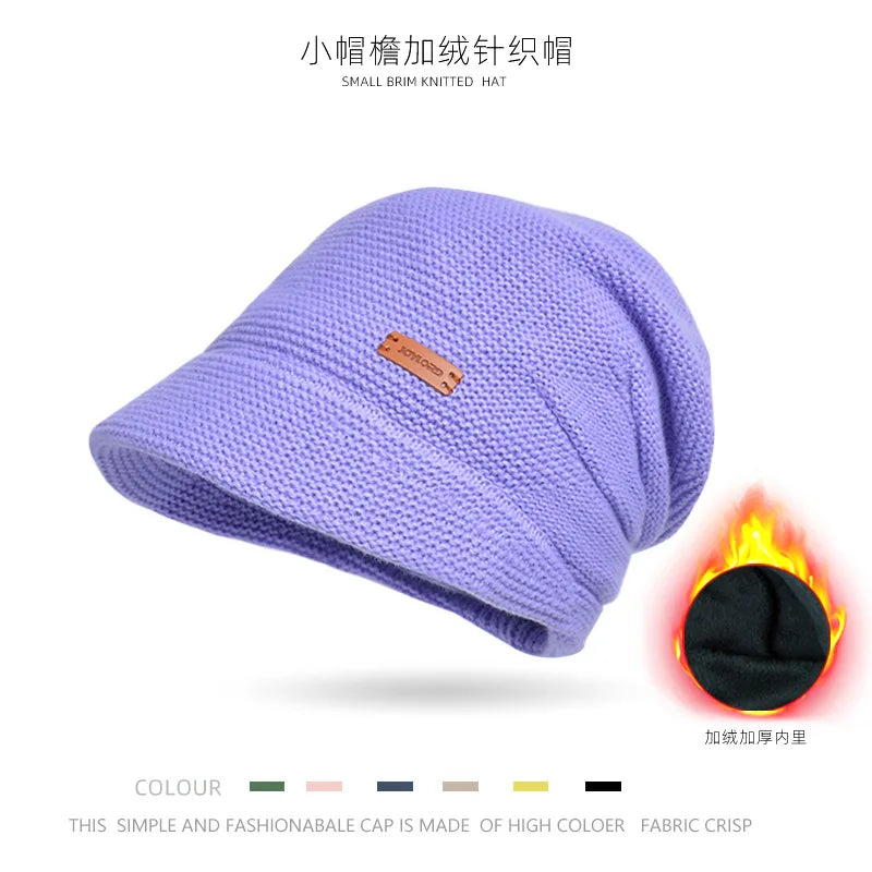 Women's Winter Outdoor Warm Pullover Hat Small Ear Protection Fashionable Beanies with Wide Brim Showing Face Plush Pile